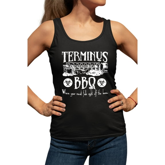 Womens Terminus BBQ Funny Zombie Apocalypse Racerback Tank Top T-Shirt