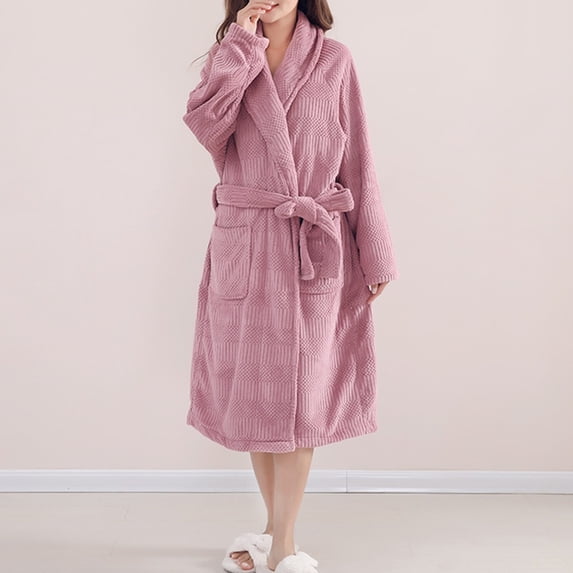 Womens Terry Cloth Bathrobe Long Sleeve Plush Wrap Robe with Belt Pockets Soft Cozy Sleepwear for Home Spa Lounge Wear