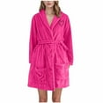 thumbnail image 1 of Womens Terry Cloth Robes Long Sleeve Plush Flannel Bathrobe Fuzzy Fleece Soft Hooded Spa Robe with Belt Hot Pink, 3XL, 1 of 3