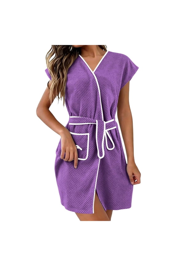Womens Terry Home Cloth Bathrobe Short Sleeve Belted Spa Wrap Shower Bath Body Towe Cap Sleeve Quick-Dry Robes With Pockets,Purple