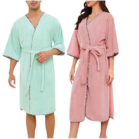 Womens Terrycloth Bathrobes Coral Fleece Short Robes 3/4 Sleeve Soft Plush Wrap Towel Robe Lounge Sleepwear for Couples for Girlfriend Wife, Pink, M