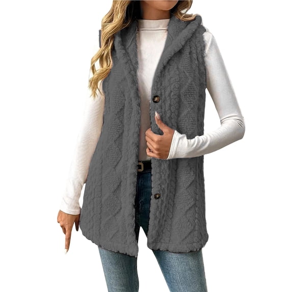 Womens Texture Sherpa Fleece Vest Button Down Hooded Sleeveless Jacket Fall Winter Casual Outwear