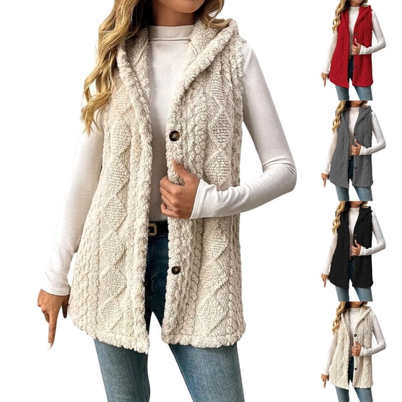Womens Texture Sherpa Fleece Vest Button Down Hooded Sleeveless Jacket Fall Winter Casual Outwear