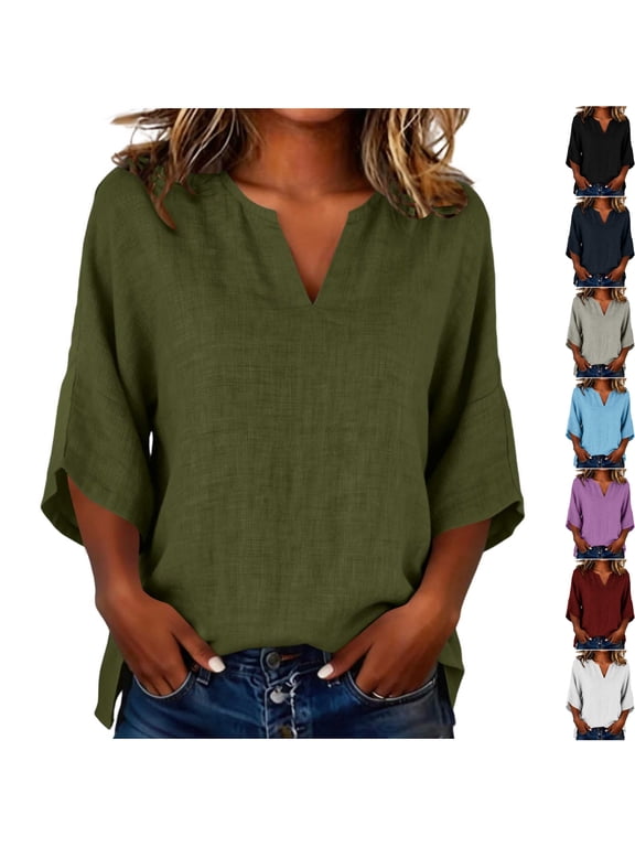 Womens Textured 3/4 Sleeve Boho Shirts Notch V Neck Flowy Tunic Blouses Side Split High Low Hem Lightweight for Travel Resort Fall Fashion, Army Green, XL