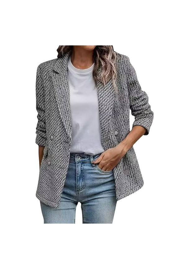 Womens Textured Blazer Fashion Lapel Coat Dressy Casual Loose Fit Long Sleeve Jackets Tweed Double - Breasted Blazer Jacket 2025 Trendy Work Office Suit