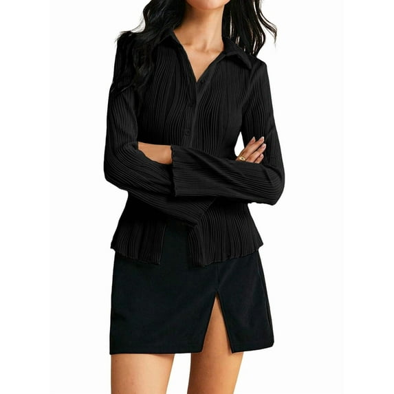 Womens Textured Button Down Long Sleeve Shirt Casual Work Office Blouse Top Black L