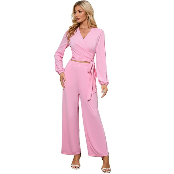 Womens Textured Co-ord Sets Tie Front Side Crop Tops With Palazzo Pants Knot Trousers Lounge Sets