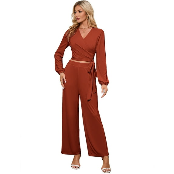 Womens Textured Co-ord Sets Tie Front Side Crop Tops With Palazzo Pants Knot Trousers Lounge Sets