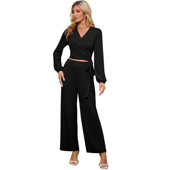 Womens Textured Co-ord Sets Tie Front Side Crop Tops With Palazzo Pants Knot Trousers Lounge Sets