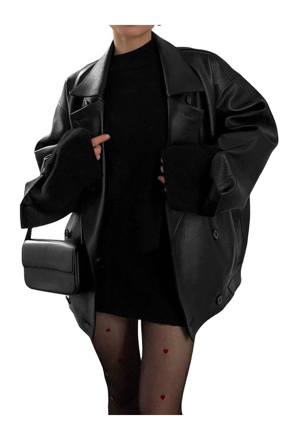 Womens Textured Faux Leather Jackets Oversized Button Down Clothes Casual Fall Trendy Coat Outerwear Black L