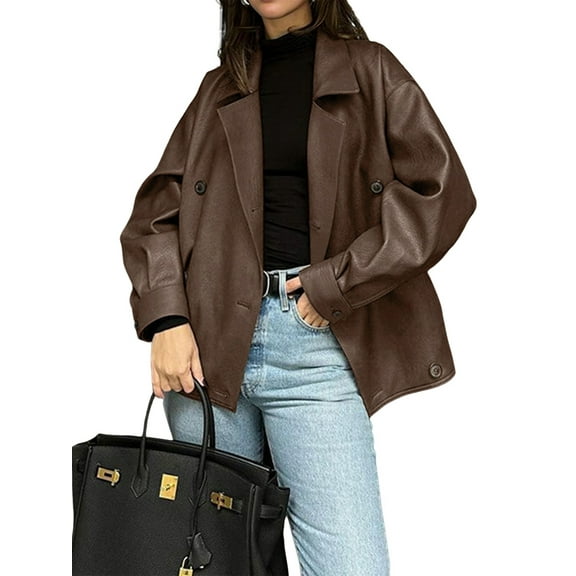 Womens Textured Faux Leather Jackets Oversized Button Down Clothes Casual Fall Trendy Coat Outerwear Brown L