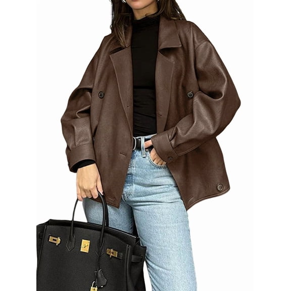 Womens Textured Faux Leather Jackets Oversized Button Down Clothes Casual Fall Trendy Coat Outerwear Brown M