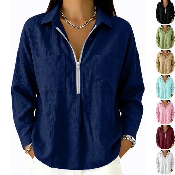Womens Textured Golf Shirts Long Sleeve Half Zip Collared V Neck Loose Fit Sweatshirt Pullover with Chest Pockets for Business Casual Work Office, Blue, L