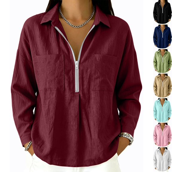 Womens Textured Golf Shirts Long Sleeve Half Zip Collared V Neck Loose Fit Sweatshirt Pullover with Chest Pockets for Business Casual Work Office, Wine, M