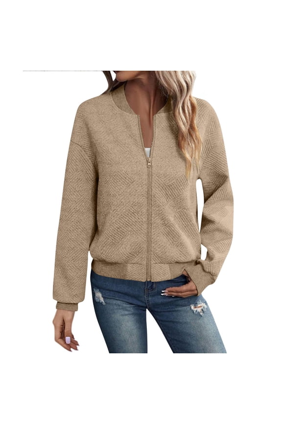 Womens Textured Jacquard Full Zip Bomber Jacket Stand Neck Long Sleeve Side Pocket Lightweight Daily Sweat Jacket