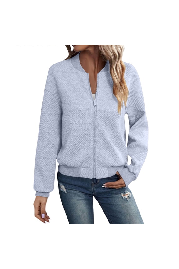 Womens Textured Jacquard Full Zip Bomber Jacket Stand Neck Long Sleeve Side Pocket Lightweight Daily Sweat Jacket