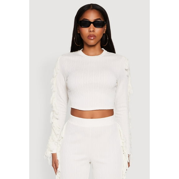 Womens Textured Knit Long Sleeve Fringe Crop Top