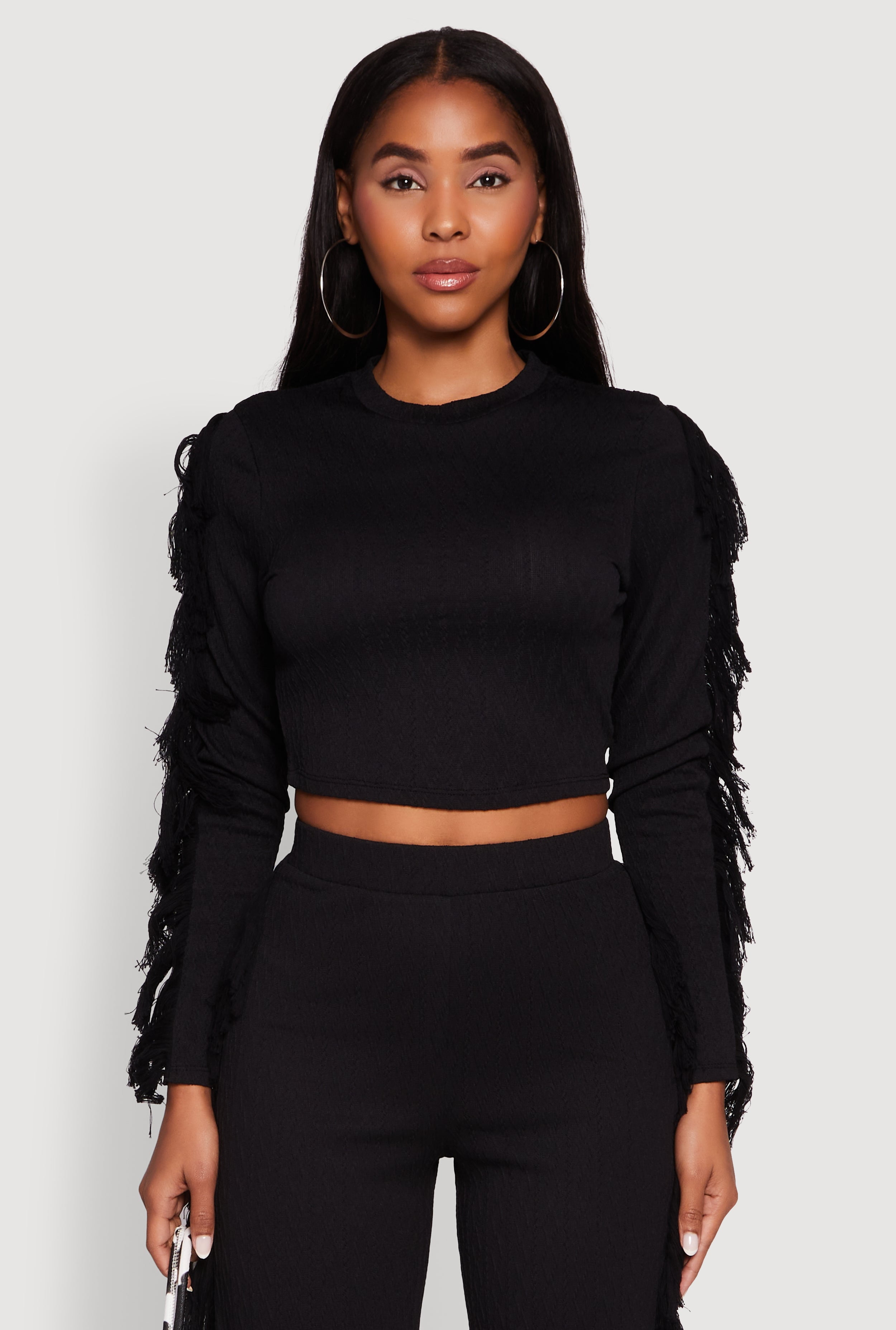 Womens Textured Knit Long Sleeve Fringe Crop Top - Walmart.com