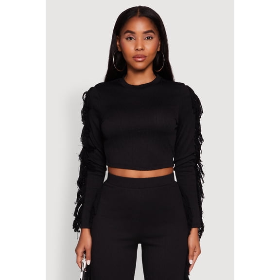 Womens Textured Knit Long Sleeve Fringe Crop Top