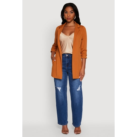 Womens Textured Knit Ruched Sleeve Blazer