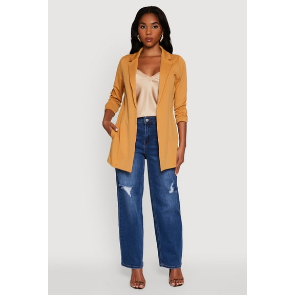 Womens Textured Knit Ruched Sleeve Blazer