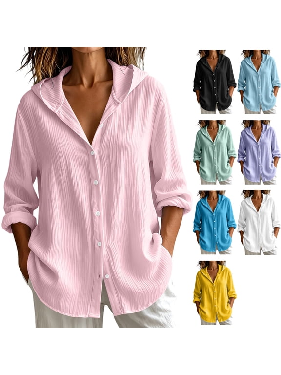 Womens Textured Long Sleeve Button Down Hooded Shirt Casual Flowy Oversized Blouse Side Pockets Tunic Tops to Wear with Leggings, Pink, XXL