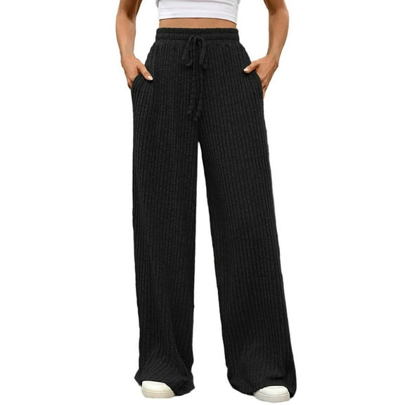 Womens Textured Ribbed Knit Sweatpants Wide Leg Loose Sweater Trousers with Pockets Drawstring Winter Fall Knit Pants