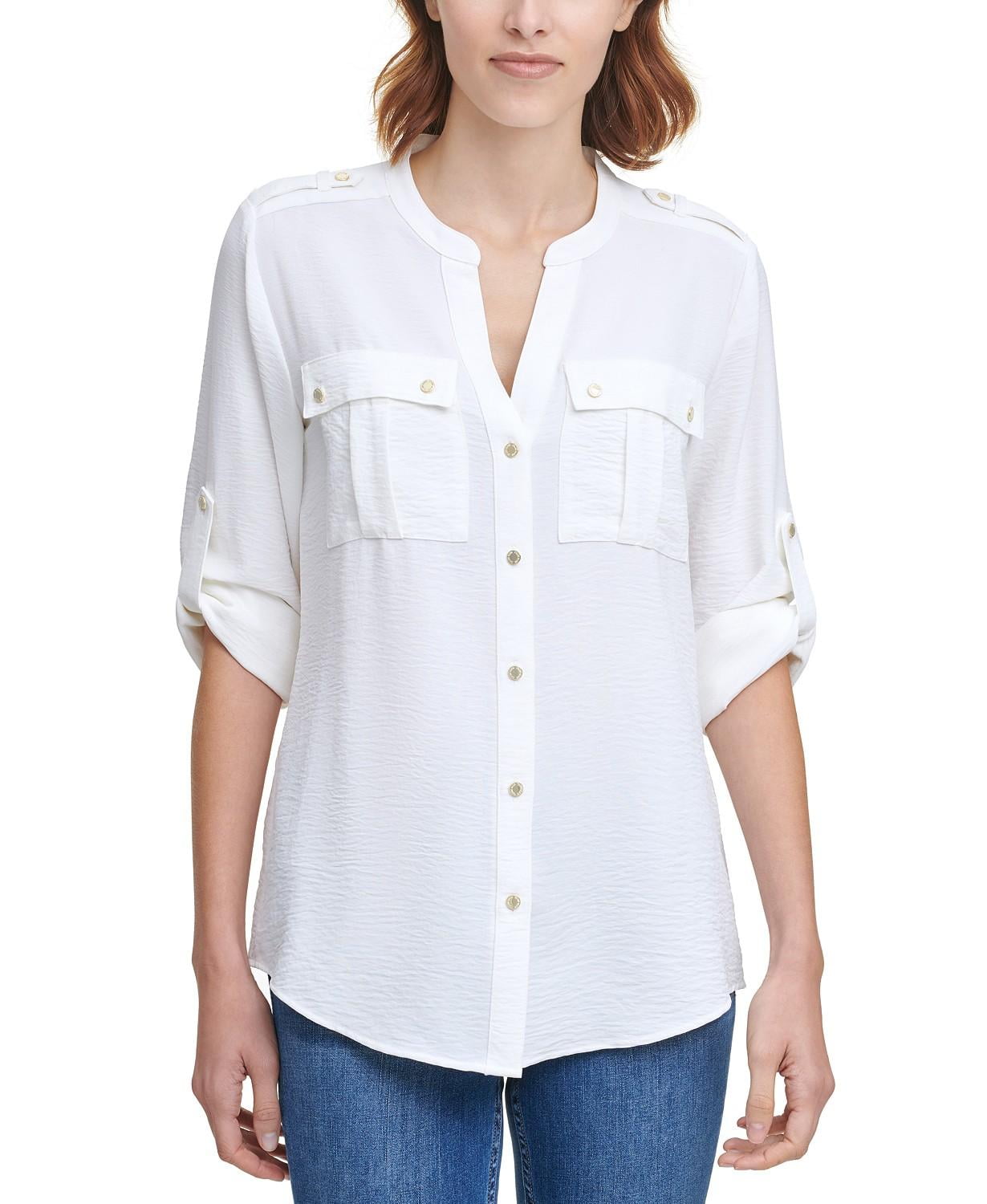 Womens Textured Roll Tab Button Down Shirt, White, Size Large