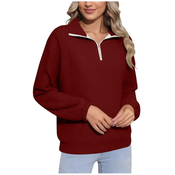 Womens Textured Sweatshirt Casual Loose Long Sleeve Half Zip Lapel Pullover Trendy Fall Outfits Tops