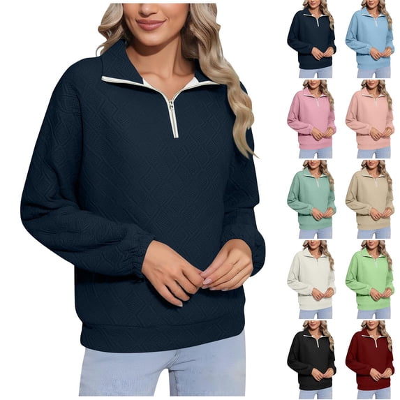 Womens Textured Sweatshirt Casual Loose Long Sleeve Half Zip Lapel Pullover Trendy Fall Outfits Tops