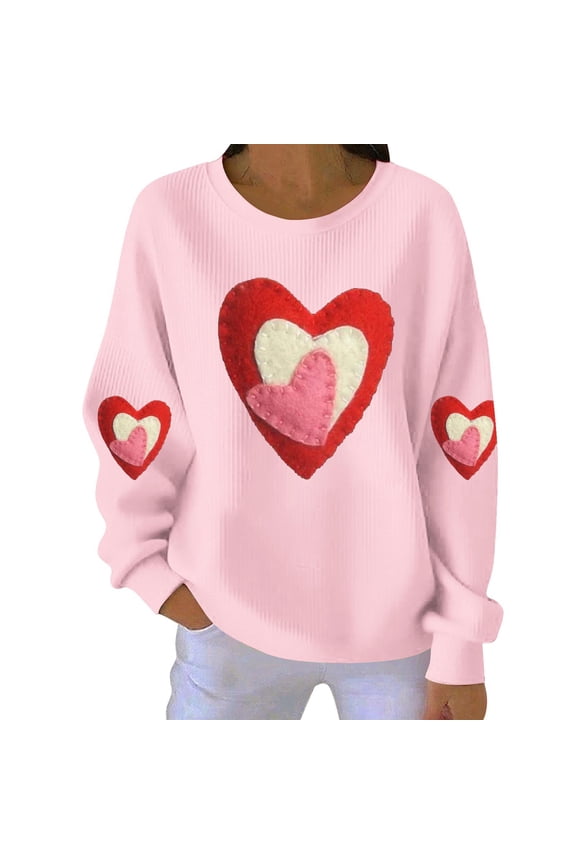 Womens Textured Valentine Sweatshirt - Grooved Thread Heart Print Pullover, Casual Long Sleeve Round Neck Top, 2026 Romantic Knit Wear Gift