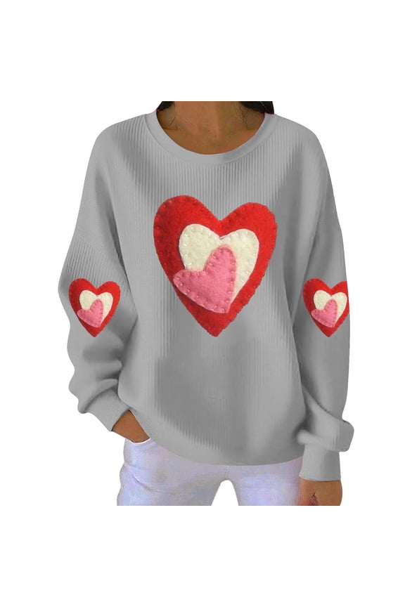 Womens Textured Valentine Sweatshirt - Grooved Thread Heart Print Pullover, Casual Long Sleeve Round Neck Top, 2026 Romantic Knit Wear Gift