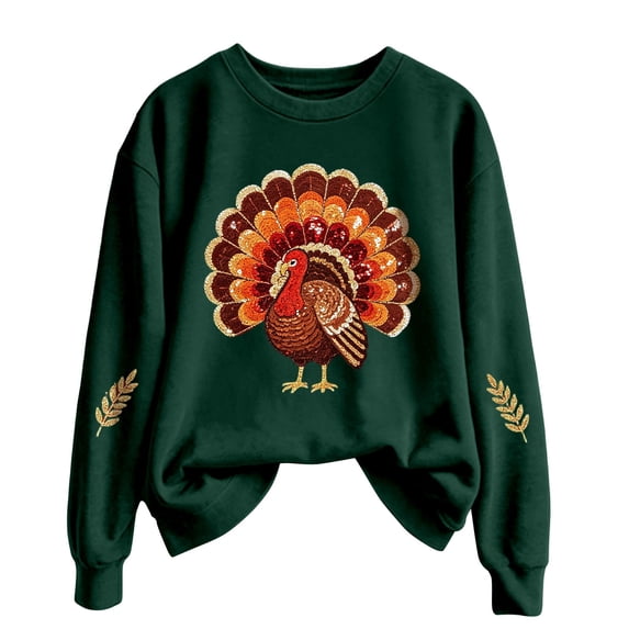Womens Thanksgiving Day Crew Neck Sweatshirts Trendy Turkey Printed Pullovers Causal Fall Long Sleeve Graphic Tops Green L