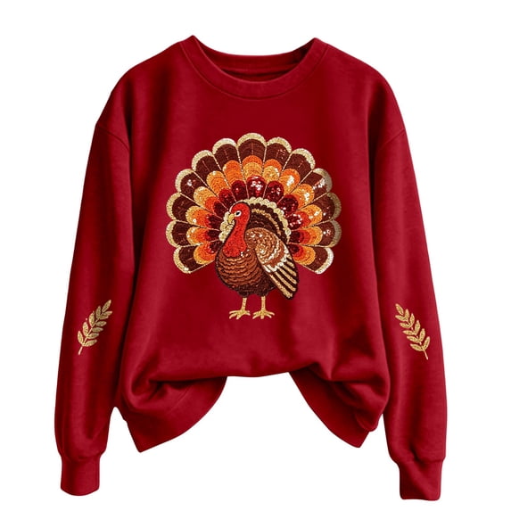 Womens Thanksgiving Day Crew Neck Sweatshirts Trendy Turkey Printed Pullovers Causal Fall Long Sleeve Graphic Tops Red L