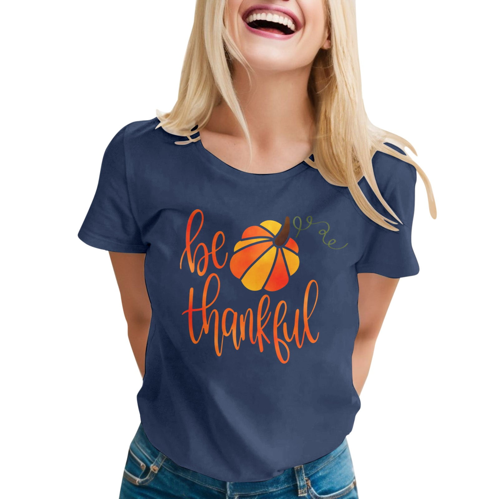 Womens Thanksgiving Day Printed Short Sleeve Crew Neck T Shirt Tops