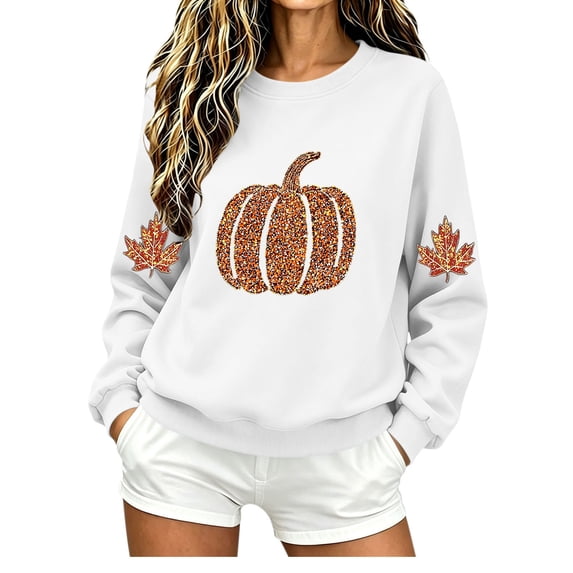 Womens Thanksgiving Sweatshirts Pumpkin Crew Neck Oversized Maple Leaf Pullover Casual Fall Winter Long Sleeve Top
