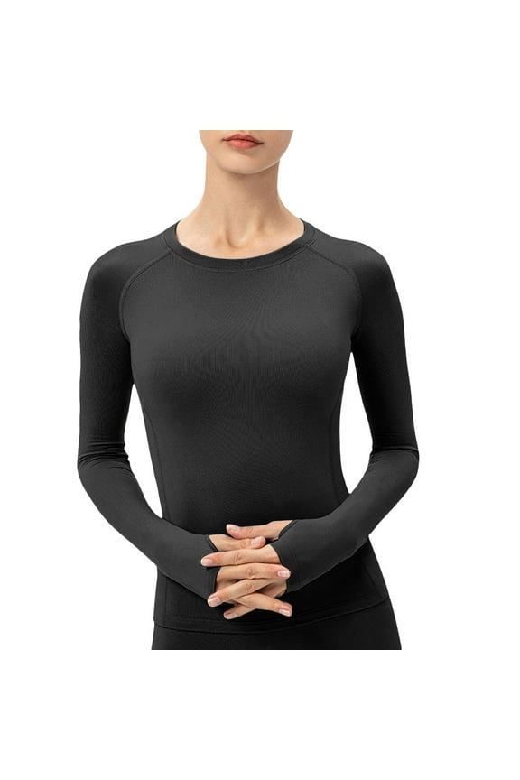 Womens Thermal Crew Neck Long Sleeve Running Shirts, Thumbholes Winter Workout Base Layer Breathable Cozy Slim Fit Long Sleeve Shirt for Gym Black M