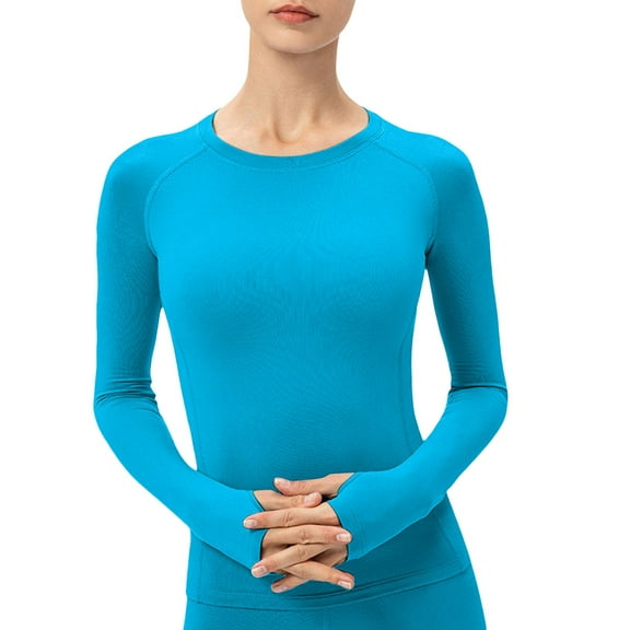 Womens Thermal Crew Neck Long Sleeve Running Shirts, Thumbholes Winter Workout Base Layer Breathable Cozy Slim Fit Long Sleeve Shirt for Gym Blue M
