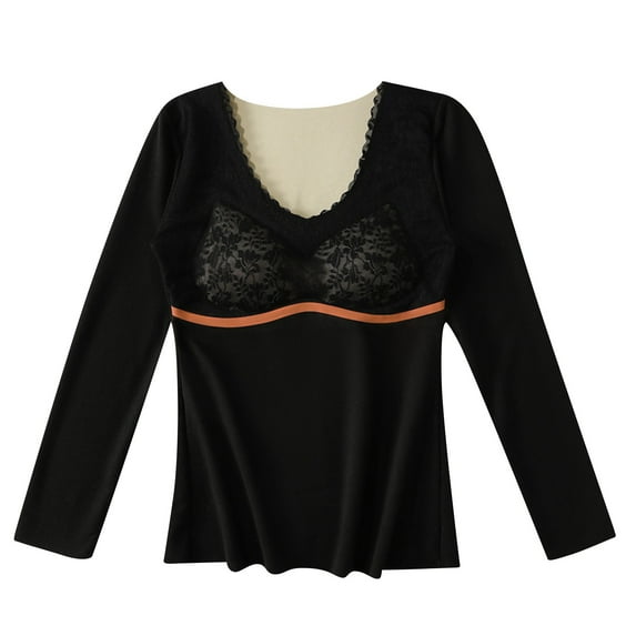 Womens Thermal Lace Trim Seamless Undershirt Long Sleeve Warm Base Layer Fitted Insulating Top Fleece Lined Cold Weather Wear