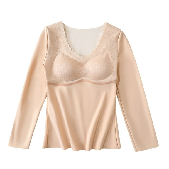 Womens Thermal Lace Trim Seamless Undershirt Long Sleeve Warm Base Layer Fitted Insulating Top Fleece Lined Cold Weather Wear