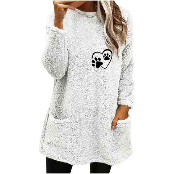Womens Thermal Long Tops Loose Fit Round Neck Fleece Plush Pullover Tunic Sweater Patterned Pockets Sweatshirt (X-Large, White 06)