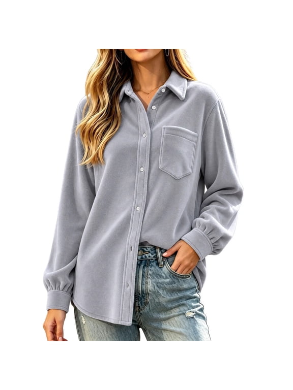 Womens Thermal Soft Fleece Shacket,Long Sleeve Button Down Shirt Jacket with Chest Pocket,Collared Relaxed Fit Casual Fall Winter Layering Top