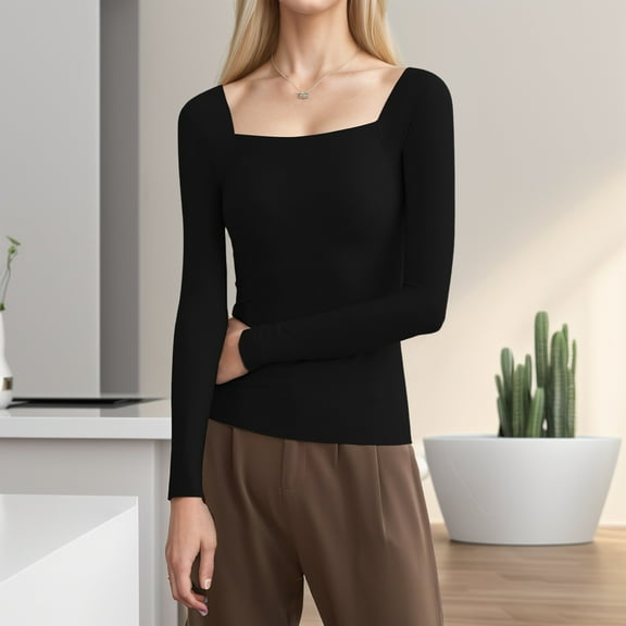 Womens Thermal Tops Long Sleeve Square Neck Undershirt Fitted Tops Winter Outfit Fashion Clothing
