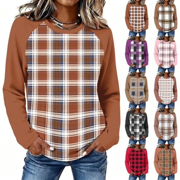 Womens Thermal Tops Plaid Raglan Sleeve Crewneck Casual Loose Long Sleeve Fall Tee Blouse