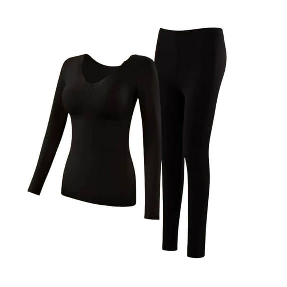 Womens Thermal Underwear Set Crew Neck Long Sleeve Top & Leggings Pants Winter Warm Base Layer Set for Ladies Black XXL