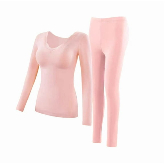 Womens Thermal Underwear Set Crew Neck Long Sleeve Top & Leggings Pants Winter Warm Base Layer Set for Ladies Pink L