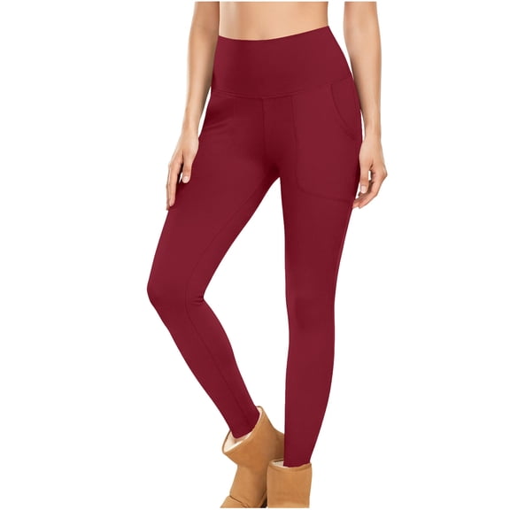 Womens Thermal Warm Leggings Stretchy Casual Slim Fitting Tights Pants with Pockets Workout Yoga Pants Wine S