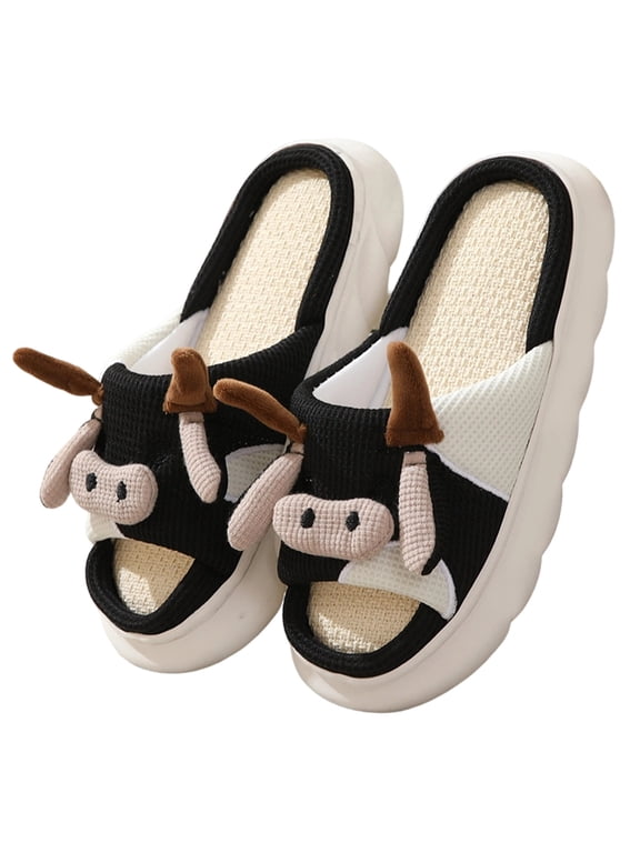 Womens Thermal Winter Sliders, Women's Cow Plush Slipper Mules Warm Open Toe Fluffy House Slippers, Comfort Thick Platform Indoor Clog Sliders, Thermal Non Slip Winter Bedroom Slippers, Black 8.5