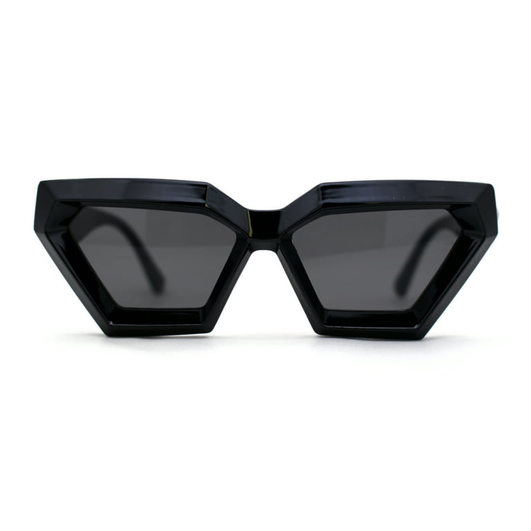 Womens Thick Angular Bevel Rim Geometric Cat Eye Sunglasses All Black