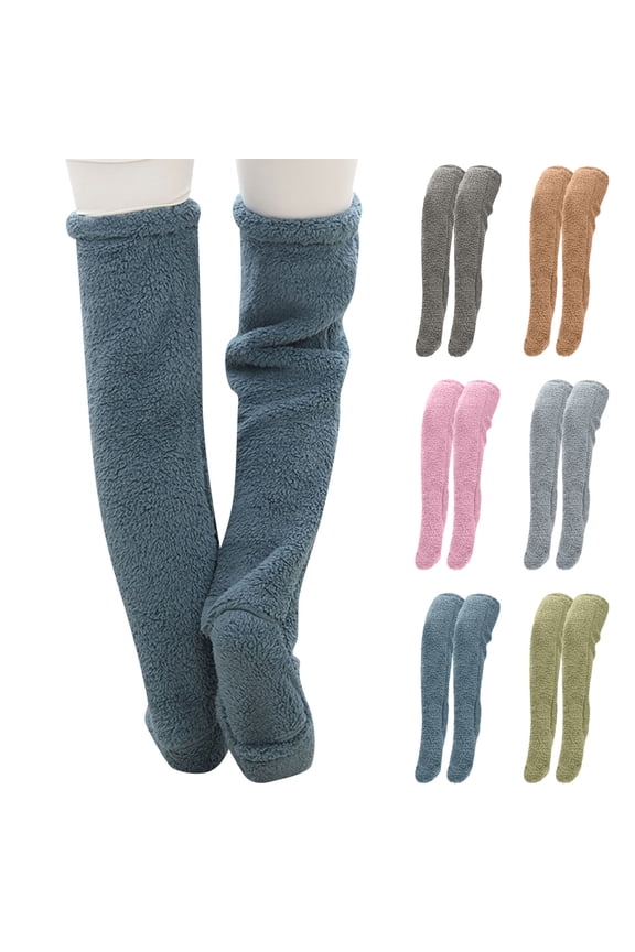 Womens Thick Fuzzy Over The Knee Slipper Socks Thermal Floor Footwear, Durable Warm Sleeping Long Leggings For Indoor Home Bedroom Lounge
